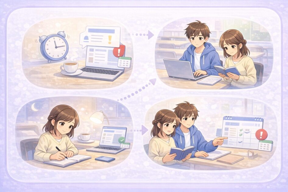 大学の連絡確認を朝と授業前後と夜と週1回の流れで整理した保存向けカード風の挿絵