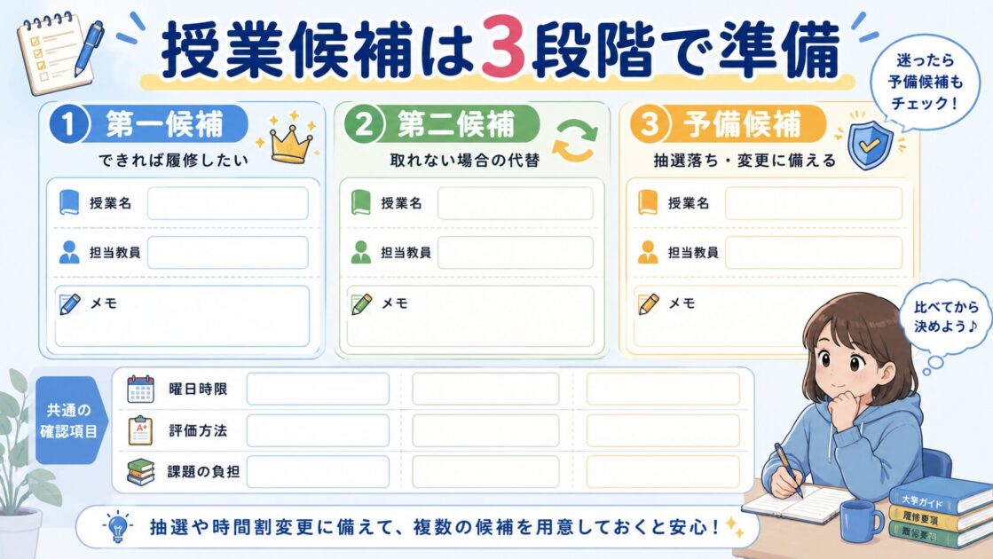 大学の履修登録で第一候補、第二候補、予備候補を比較するメモ