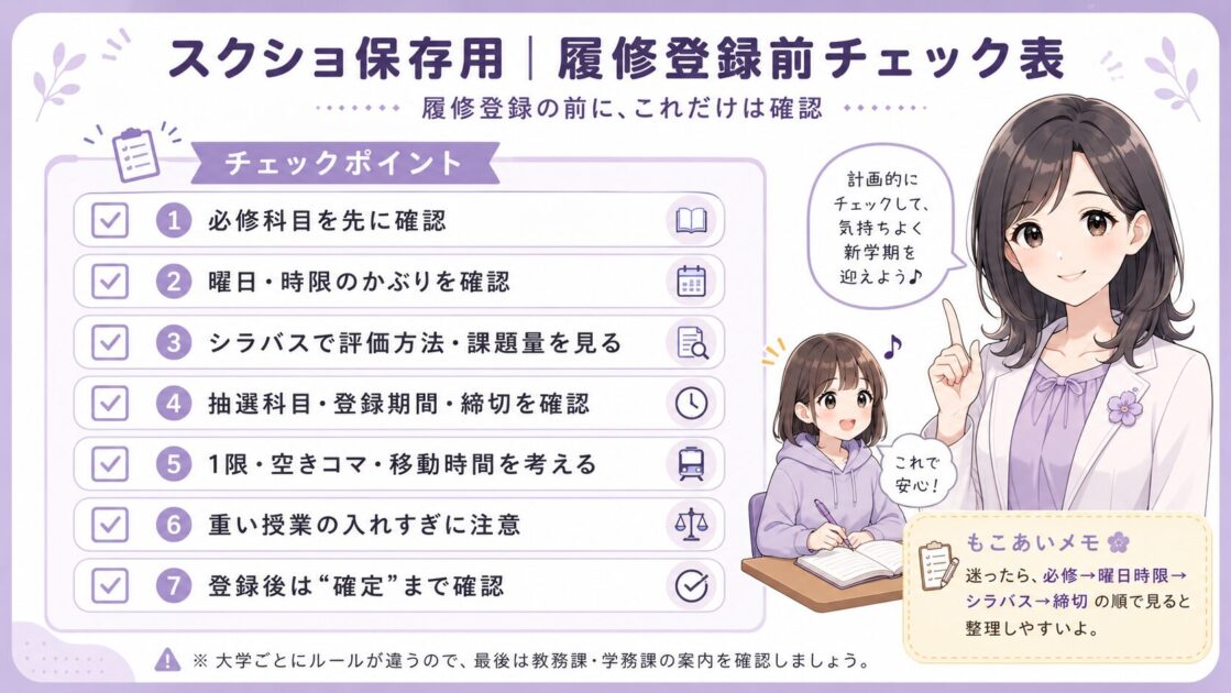 大学の履修登録前に確認する必修科目・曜日時限・シラバス・締切などを整理したチェック表