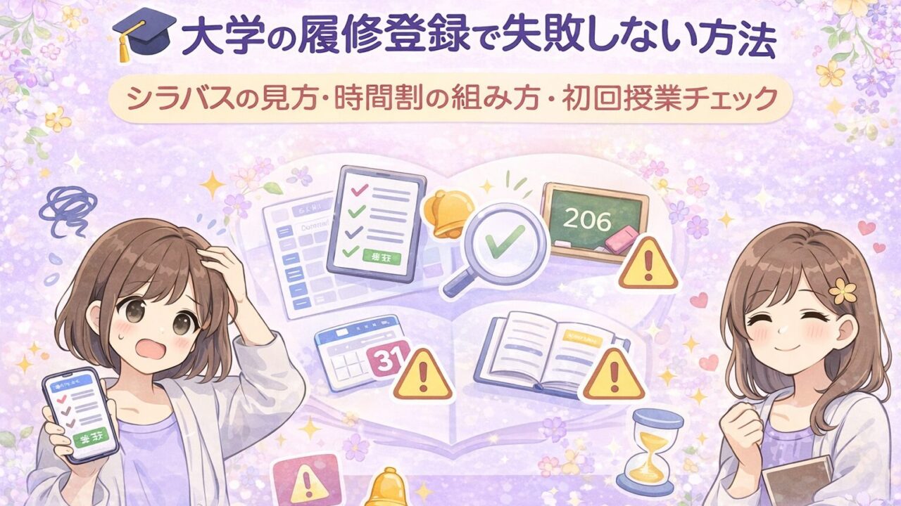 大学の履修登録で失敗しないためにシラバスの見方と時間割の組み方と初回授業チェックを整理したアイキャッチ