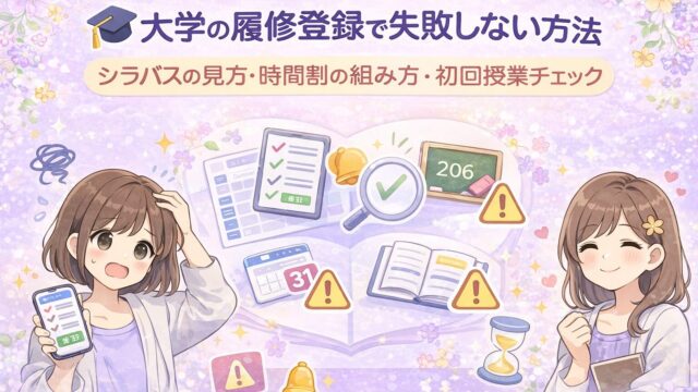 大学の履修登録で失敗しないためにシラバスの見方と時間割の組み方と初回授業チェックを整理したアイキャッチ