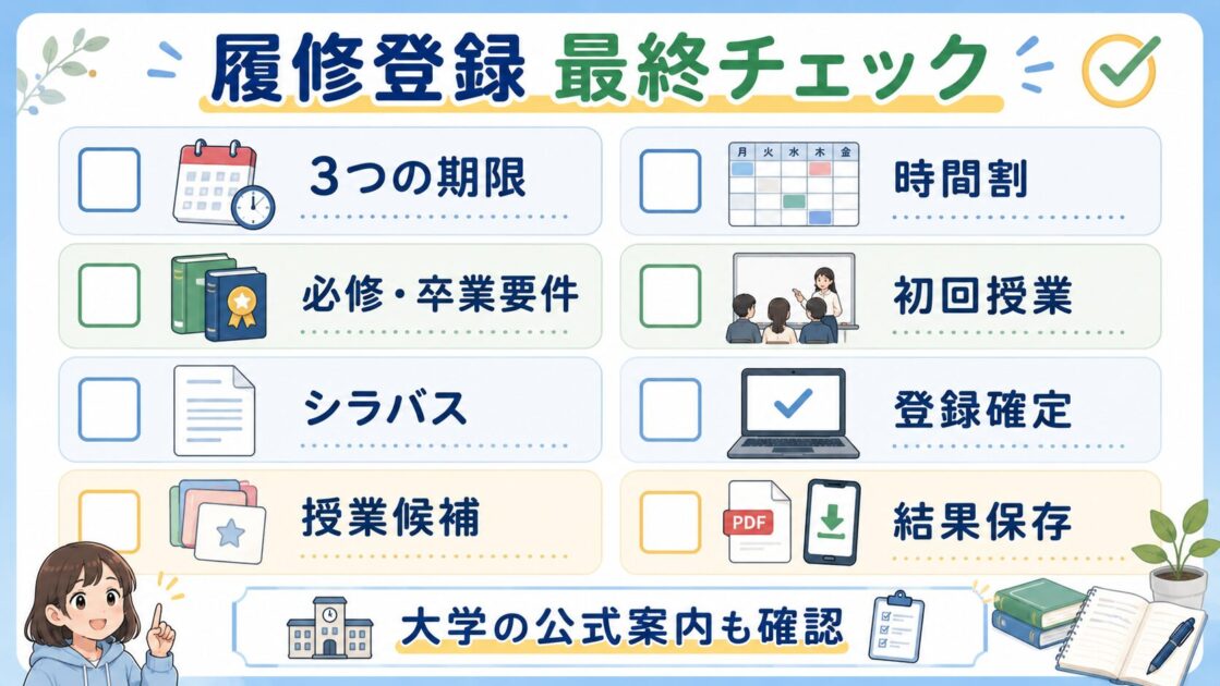 大学の履修登録前後に期限、必修、シラバス、時間割、登録確定、結果保存を確認するチェック表