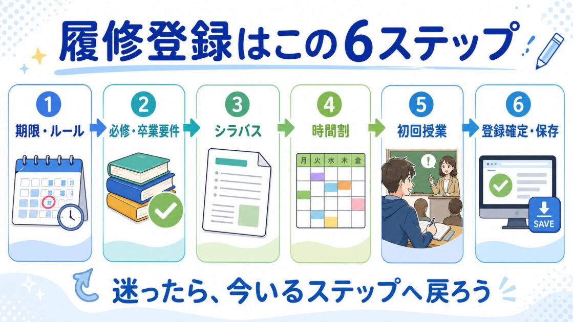 大学の履修登録を期限確認から必修、シラバス、時間割、初回授業、登録確定まで進める6ステップ
