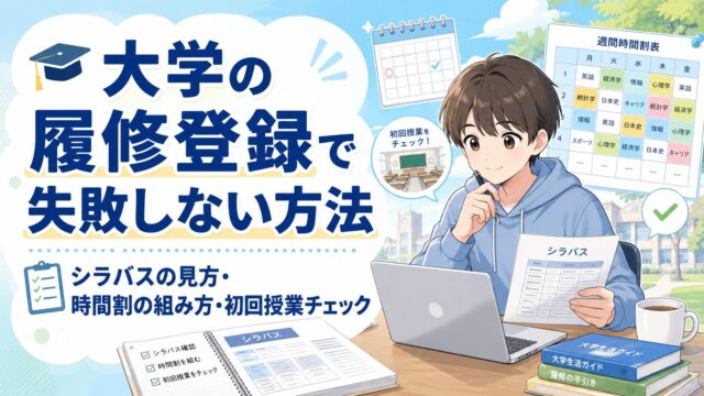 大学の履修登録で失敗しないために、シラバスの見方、時間割の組み方、初回授業の確認方法を紹介するアイキャッチ画像