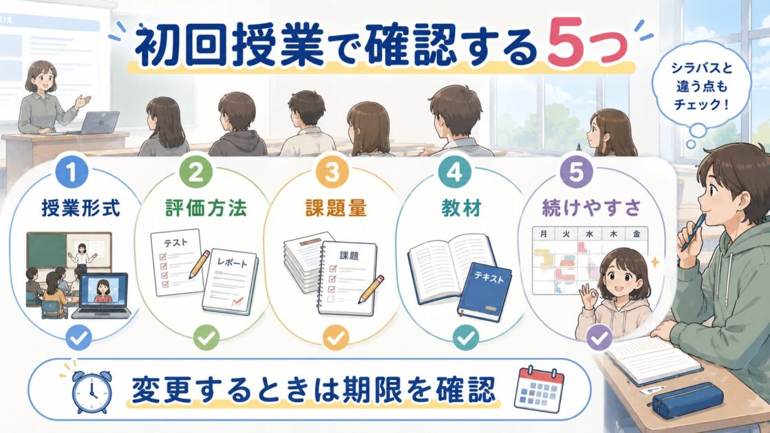 大学の初回授業で授業形式、評価方法、課題量、教材、続けやすさを確認する図