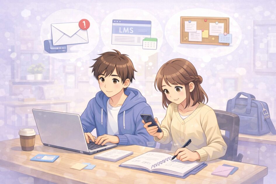 大学生活の最初の1週間でメールやLMSや掲示の入口を整えようとしている大学生の準備場面の挿絵