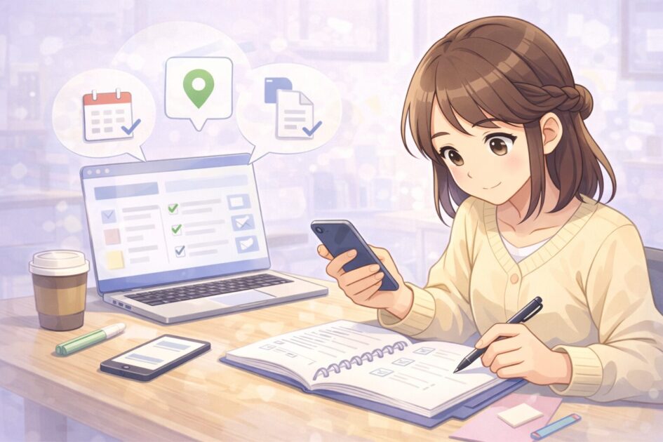 恵子がノートやスマートフォンを使って大学の連絡から締切と提出場所と提出形式を整理している場面の挿絵