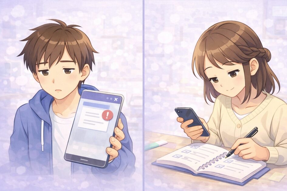 健太は通知を見て閉じ、恵子は締切や提出場所をメモしている違いを2コマで見せた比較挿絵