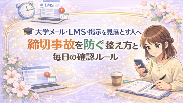 大学メールやLMSや掲示の確認ルールをテーマに、大学生が連絡を整理している様子を描いたアイキャッチ