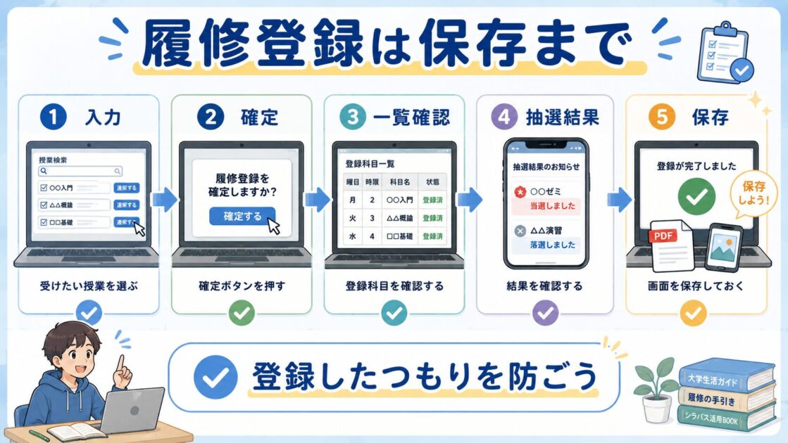 大学の履修登録を入力から確定、一覧確認、抽選結果確認、保存まで進める流れ