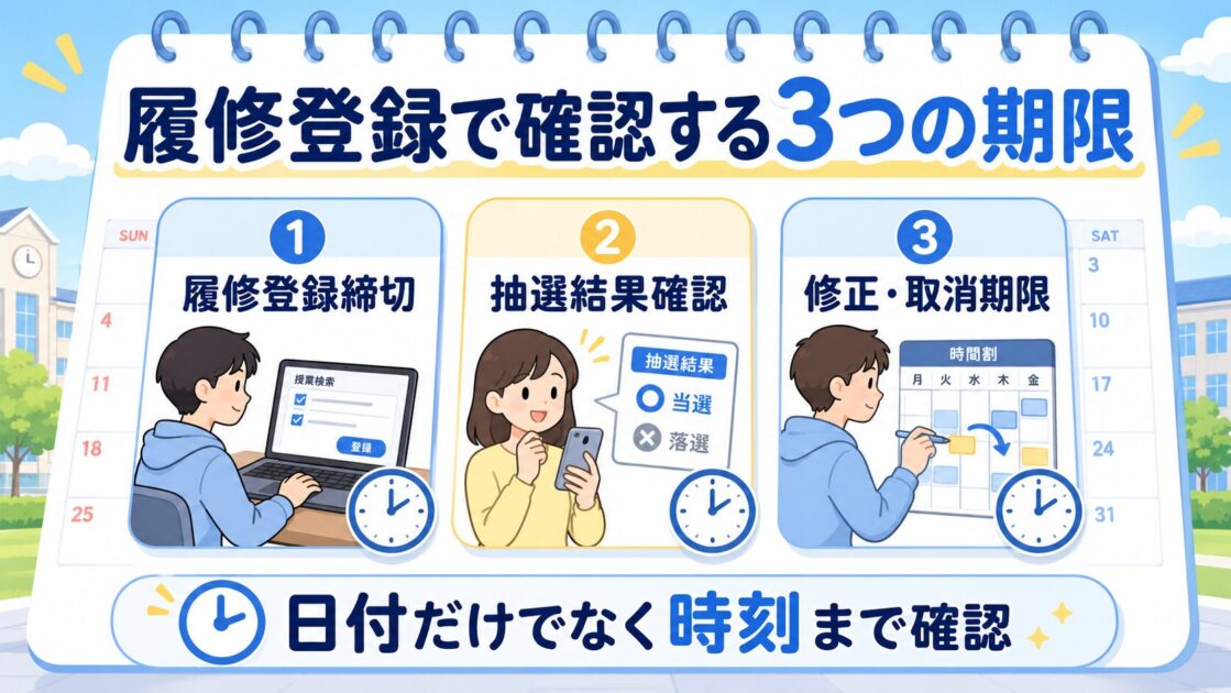 大学の履修登録で確認する登録締切、抽選結果確認、修正取消期限の3つ