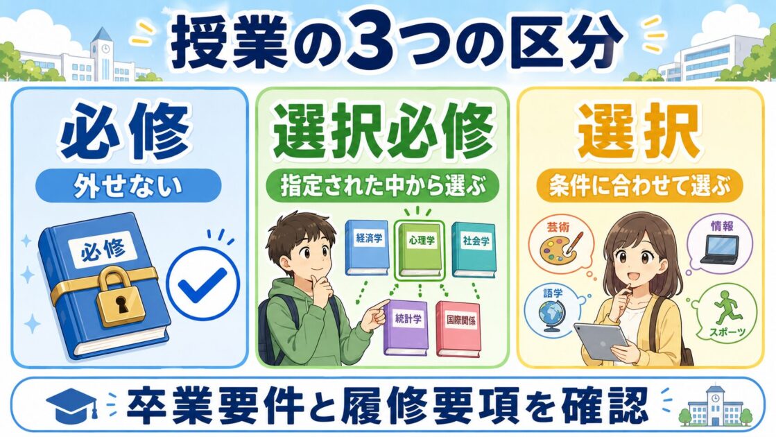 大学の必修科目、選択必修科目、選択科目の違いを示した図