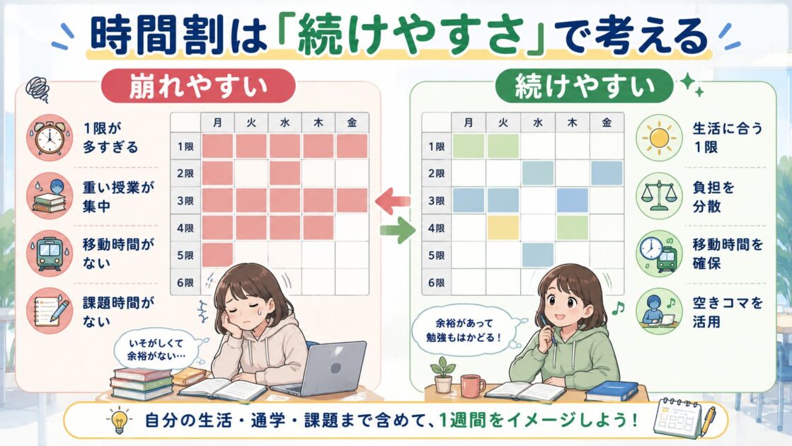 大学で続けやすい時間割と崩れやすい時間割を比較した図
