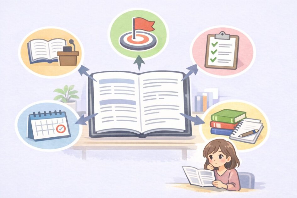 大学のシラバスで授業概要と到達目標と評価方法と授業計画と教科書や課題を確認する流れを示した図