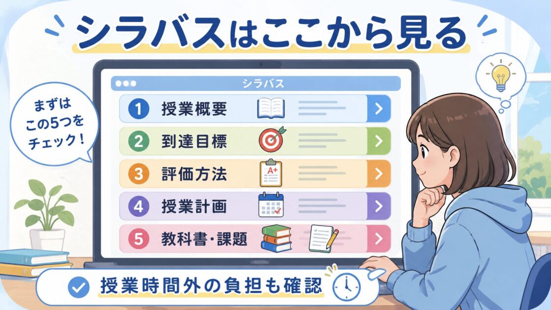 大学のシラバスで授業概要、到達目標、評価方法、授業計画、教科書や課題を見る5つのポイント