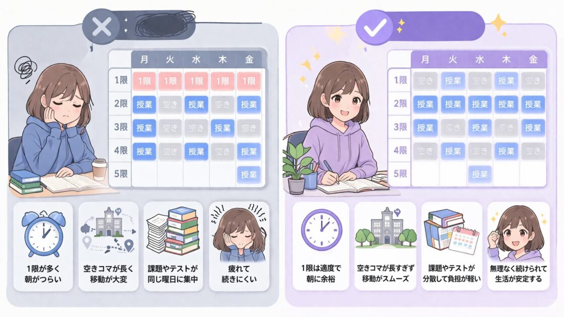 大学の時間割で続けやすい組み方と崩れやすい組み方を比較した図