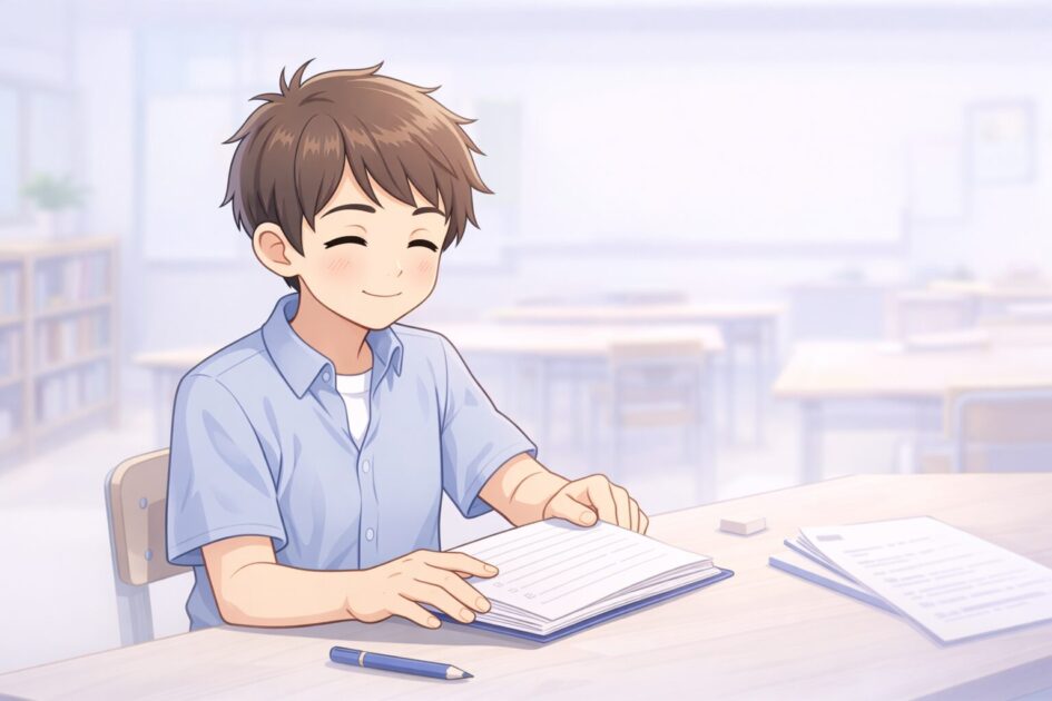 作文を書き終えて安心した健太が、見直しをしないまま提出しようとしている場面の挿絵