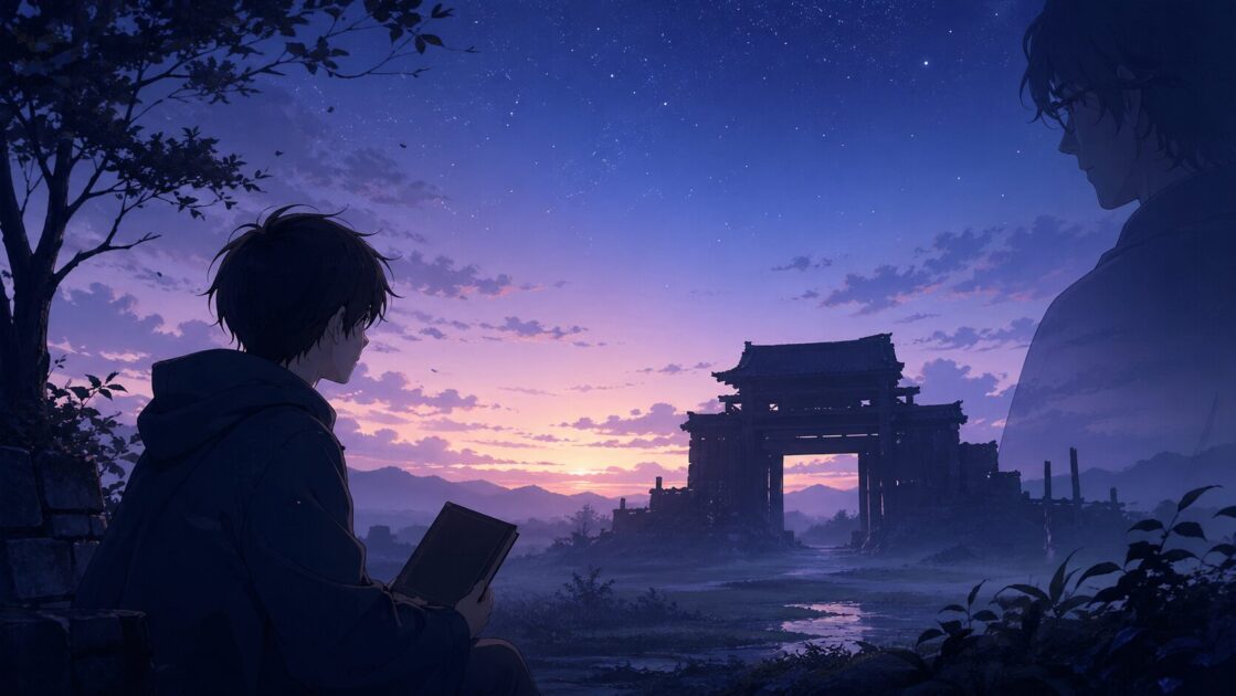 夜の門を遠くに見ながら読者が羅生門の問いについて静かに考えている余韻の場面