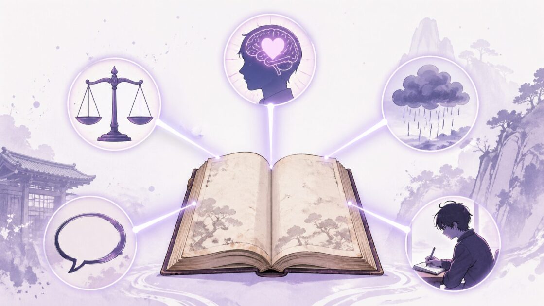 羅生門の感想文を心理・倫理・環境・言葉・読者自身の五つの視点で広げる図