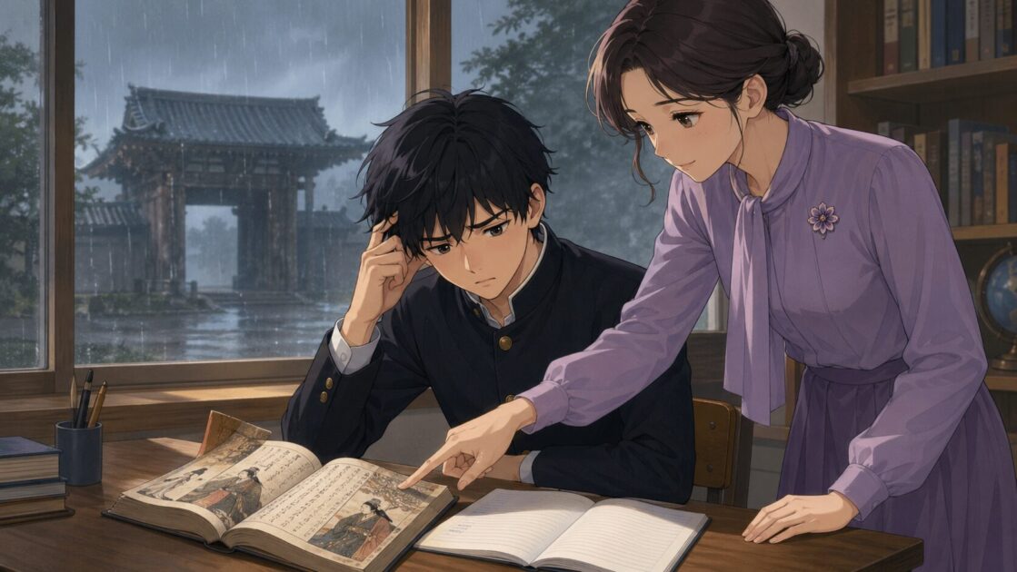 羅生門の感想文に悩む健太ともこあい先生が本を前に考えている場面