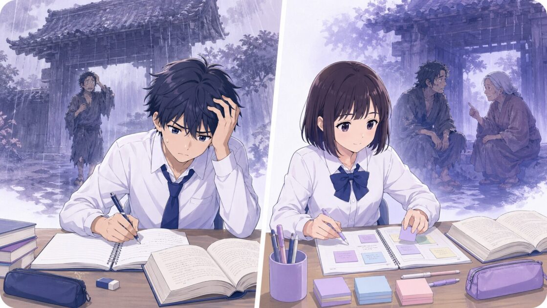 健太と恵子が羅生門の感想文をそれぞれ違う視点で書いている比較場面