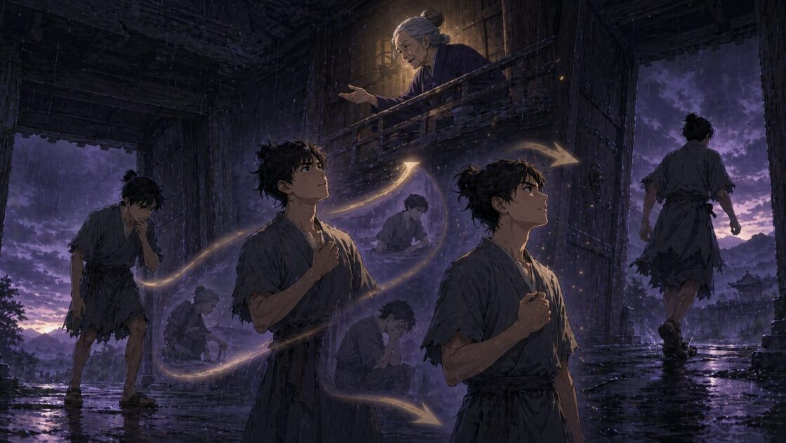 下人が迷いから老婆の言葉をきっかけに一線を越えるまでの流れを階段状に示す図