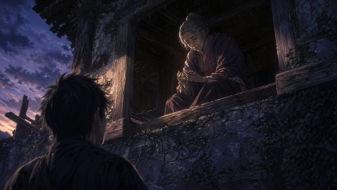 老婆が生きるためという言い分を抱えながら暗い門の上で考え込んでいる場面