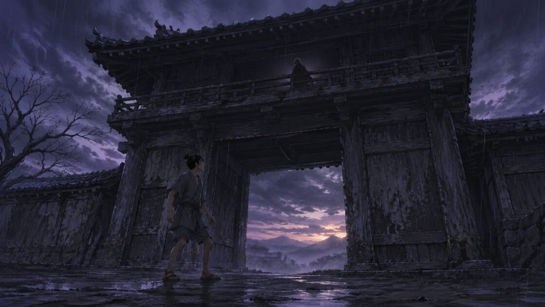 雨の中で荒れた羅生門の下に立つ下人と門の上にいる老婆を示すあらすじ整理の挿絵