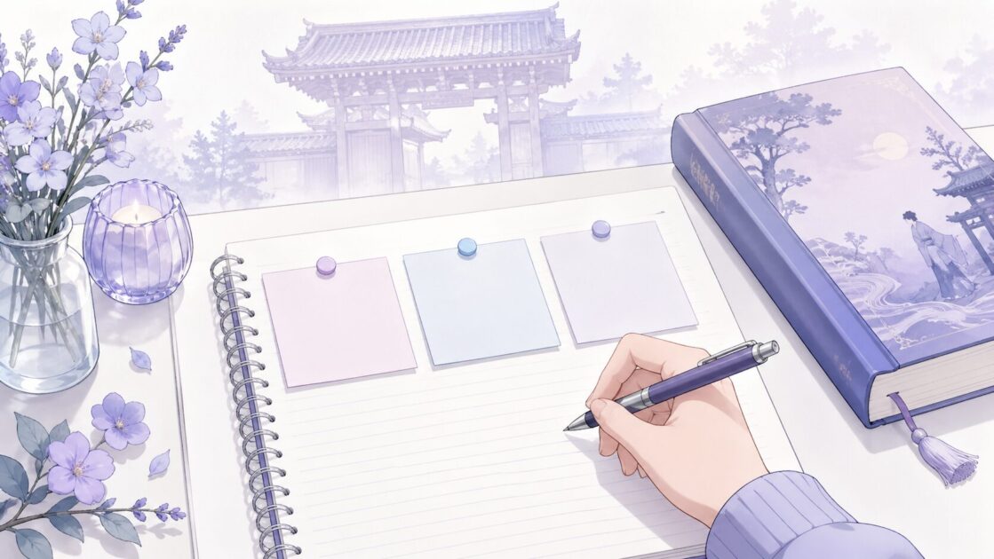 羅生門の感想文を書くために三つのメモをノートに整理している場面