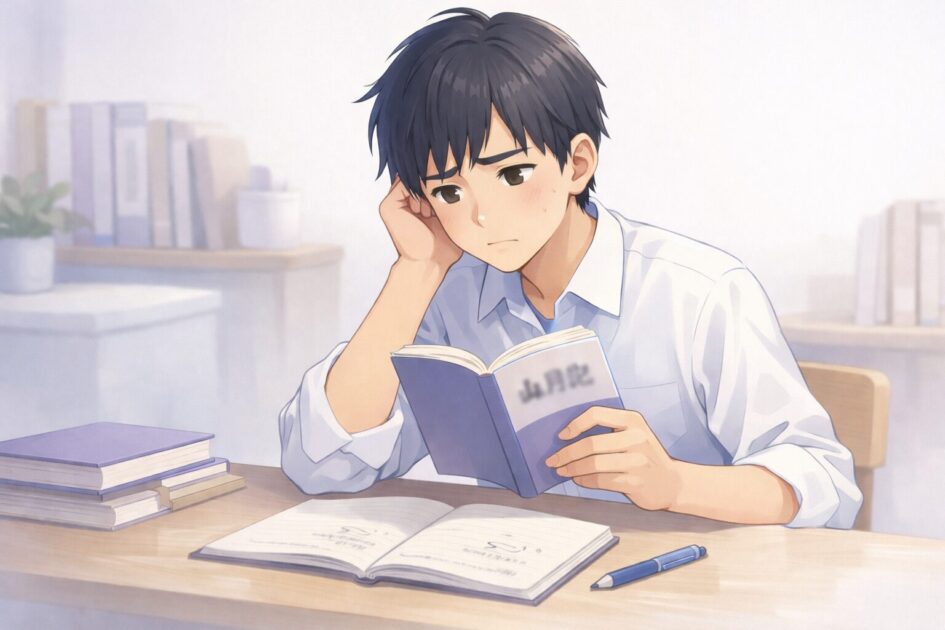 『山月記』を読んで難しさと引っかかりを感じながら、感想文に何を書けばいいか悩んでいる高校生の挿絵