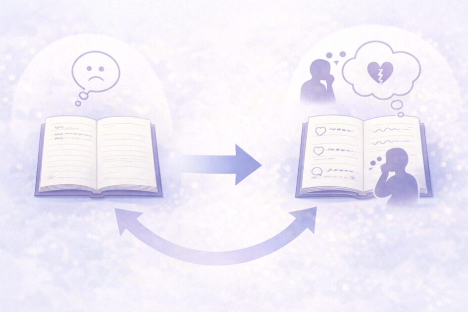 『山月記』の感想文で浅い感想から深まりやすい感想へ変わる流れを左右比較で示した挿絵