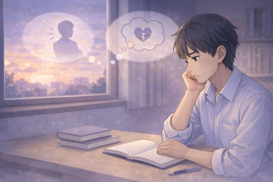 『山月記』を読んだあと、自分の見栄や恐れを静かに振り返っている高校生の挿絵