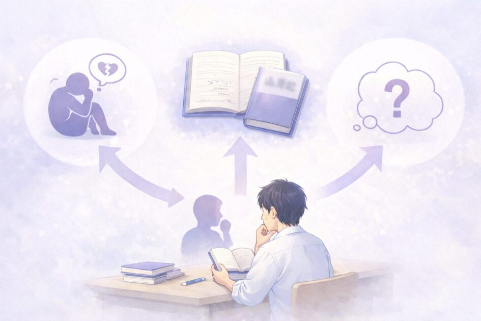 『山月記』の感想文を深める視点として、傷つくことへの恐れ、自分との重なり、欠けているものへの問いの3つを整理した図