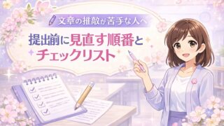 文章の推敲が苦手な人向けに、提出前の見直し順番とチェックリストを分かりやすく伝えるアイキャッチ