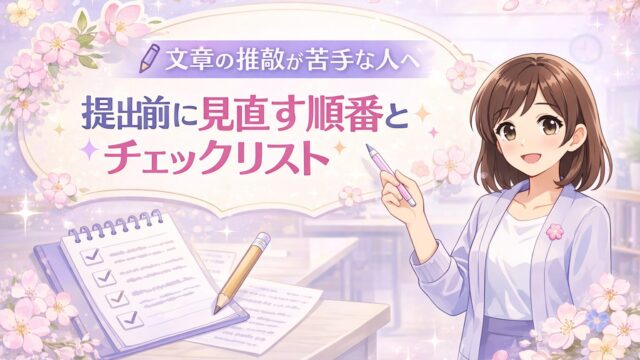 文章の推敲が苦手な人向けに、提出前の見直し順番とチェックリストを分かりやすく伝えるアイキャッチ