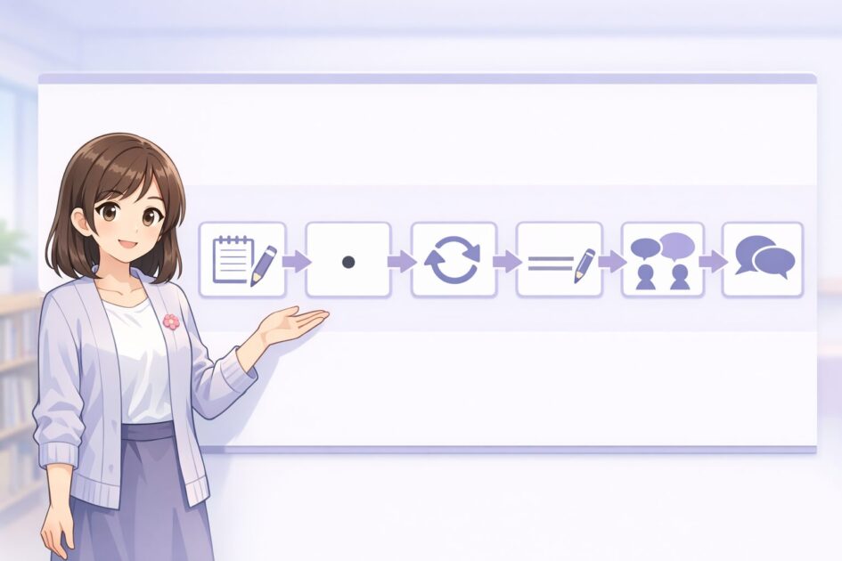 提出前に見る順番を、誤字・文末・重複・一文の長さ・主語と述語・話の流れの6段階で示した図