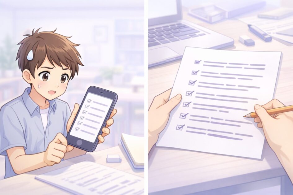 スマホでチェックまとめを保存する場面と、紙に印刷して提出前に確認する場面を示した図