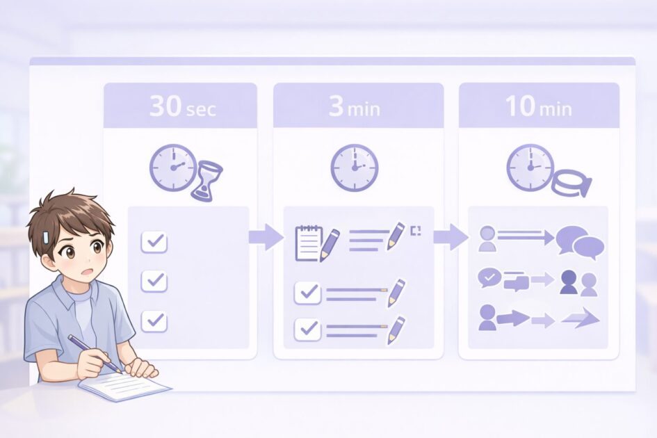 残り時間に応じて、30秒・3分・10分でどこを見直すかを比較した図