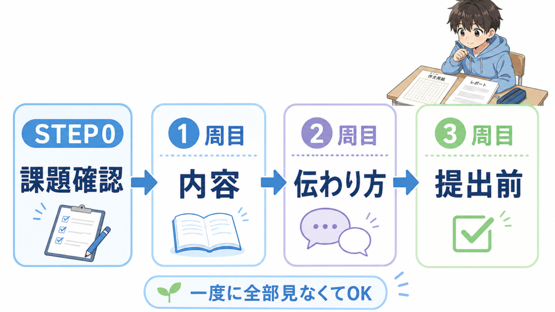 文章の推敲を課題確認、内容、伝わり方、提出前の順で進める4段階フロー