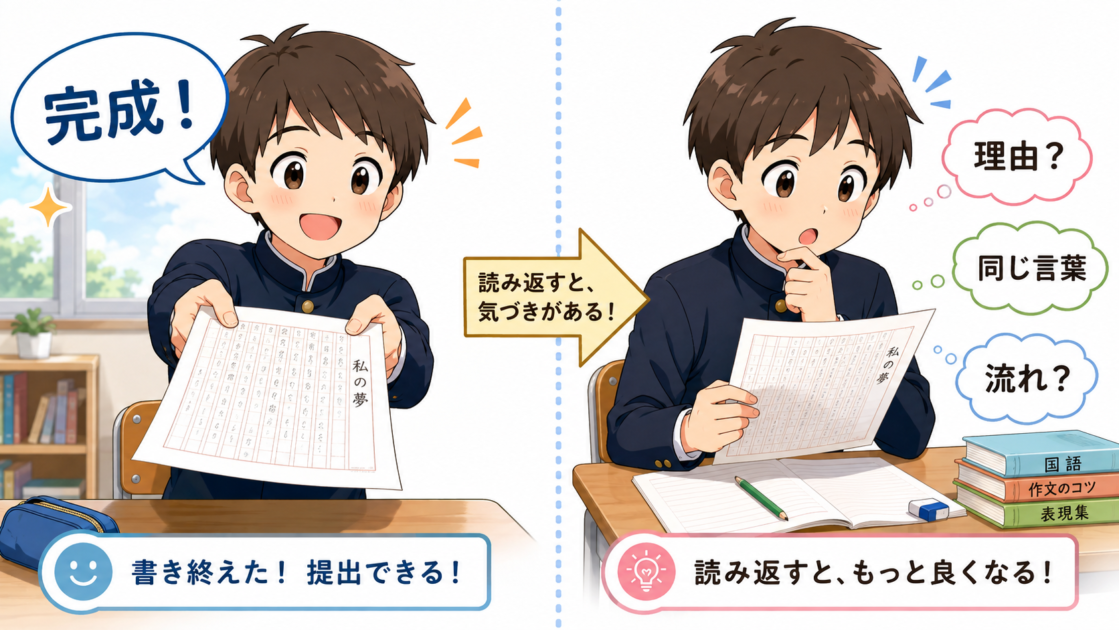 作文を書いてすぐ提出する場合と、推敲して問題点に気づく場合の比較