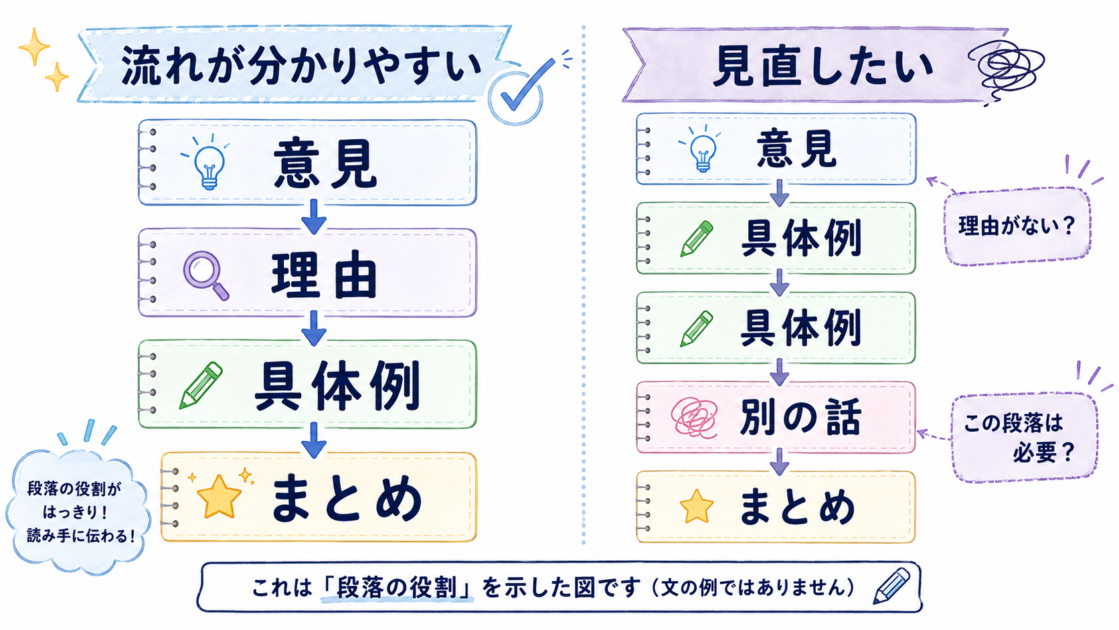 段落を意見、理由、具体例、まとめに分けて文章の流れを確認する図