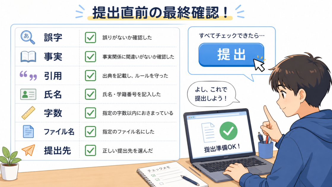 課題を提出する前に誤字、引用、氏名、字数、ファイル名などを確認する図
