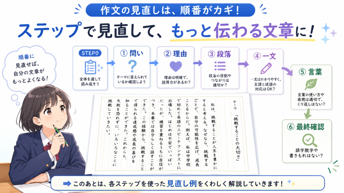 一つの文章をSTEP0から6項目まで順番に推敲する実演の開始図