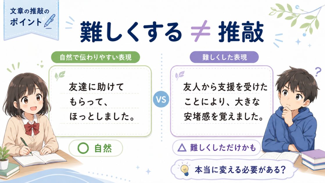 自然な文章と難しく言い換えすぎた文章を比較した推敲例
