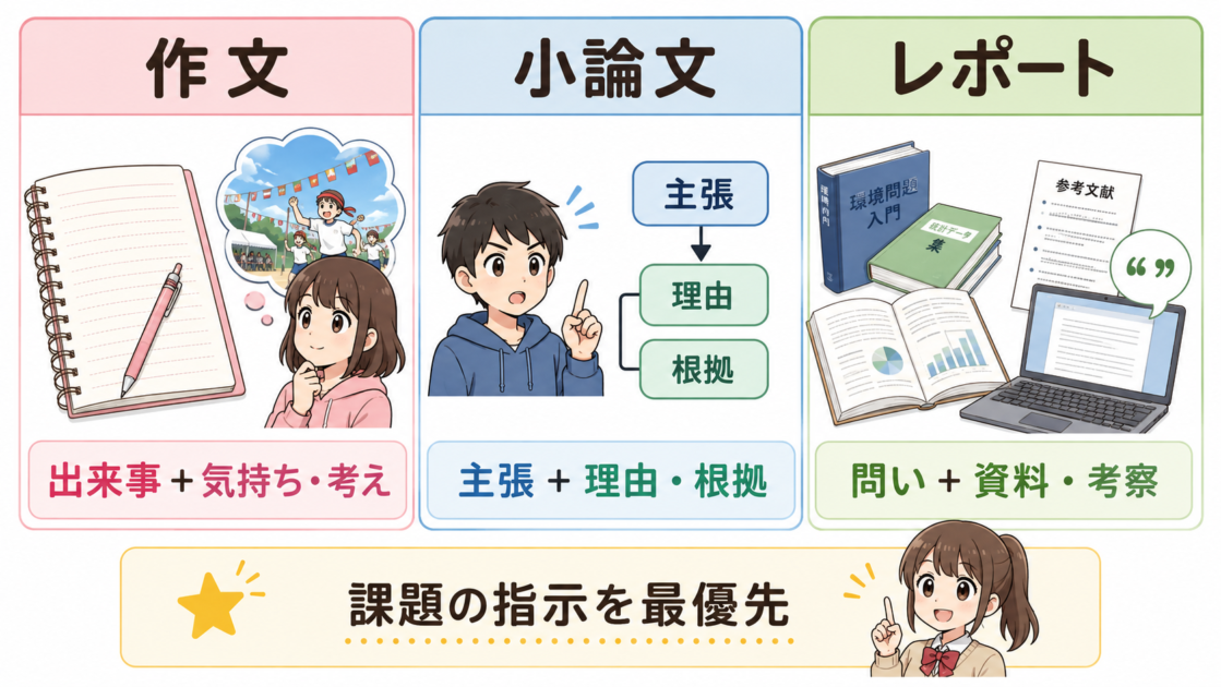 作文、小論文、レポートで重点的に確認する内容の違いを示した図