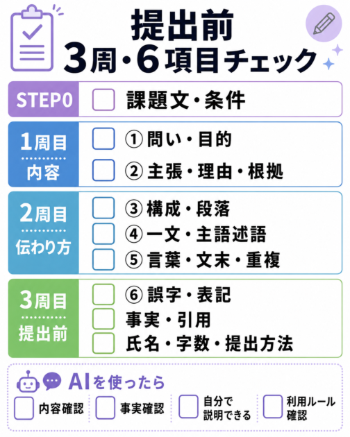 文章提出前に使えるSTEP0と3周6項目の保存用推敲チェックリスト