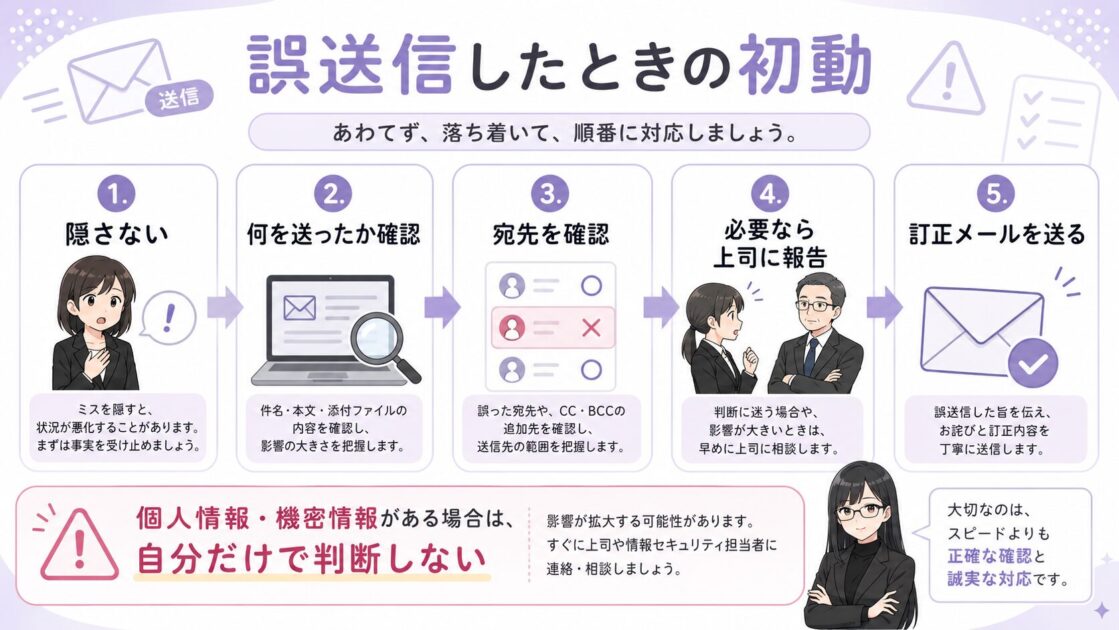仕事の連絡メールを誤送信したときに隠さず確認し報告する初動を示す図