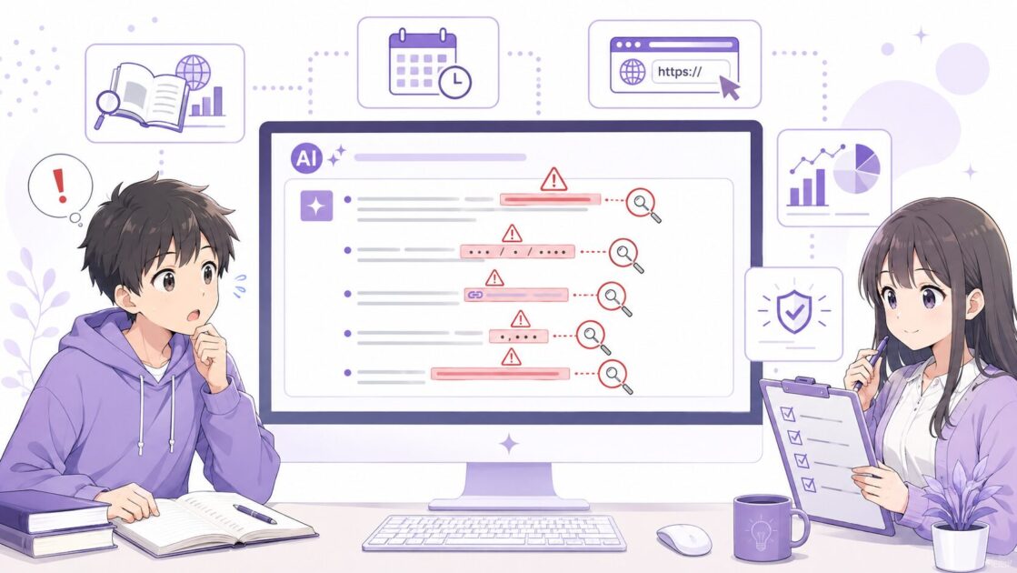 AI回答で確認が必要な研究によると・必ず・年号・URLなどの赤信号ワードをまとめた表