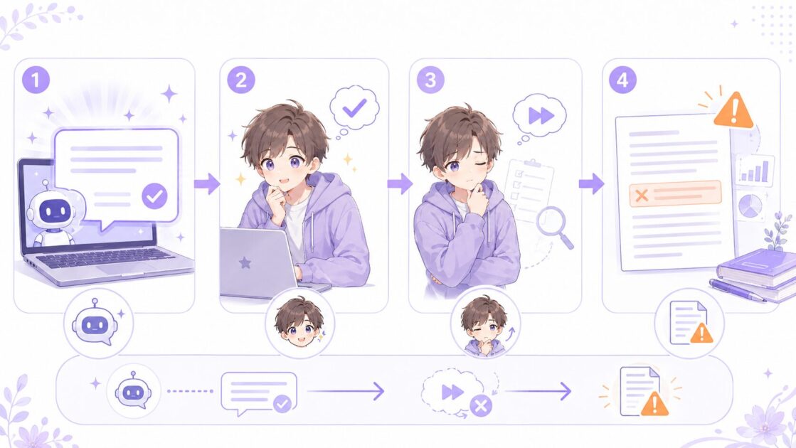AIの自然な誤答を人間が正しそうと感じ確認を省いて使ってしまう4段階の流れを示す図