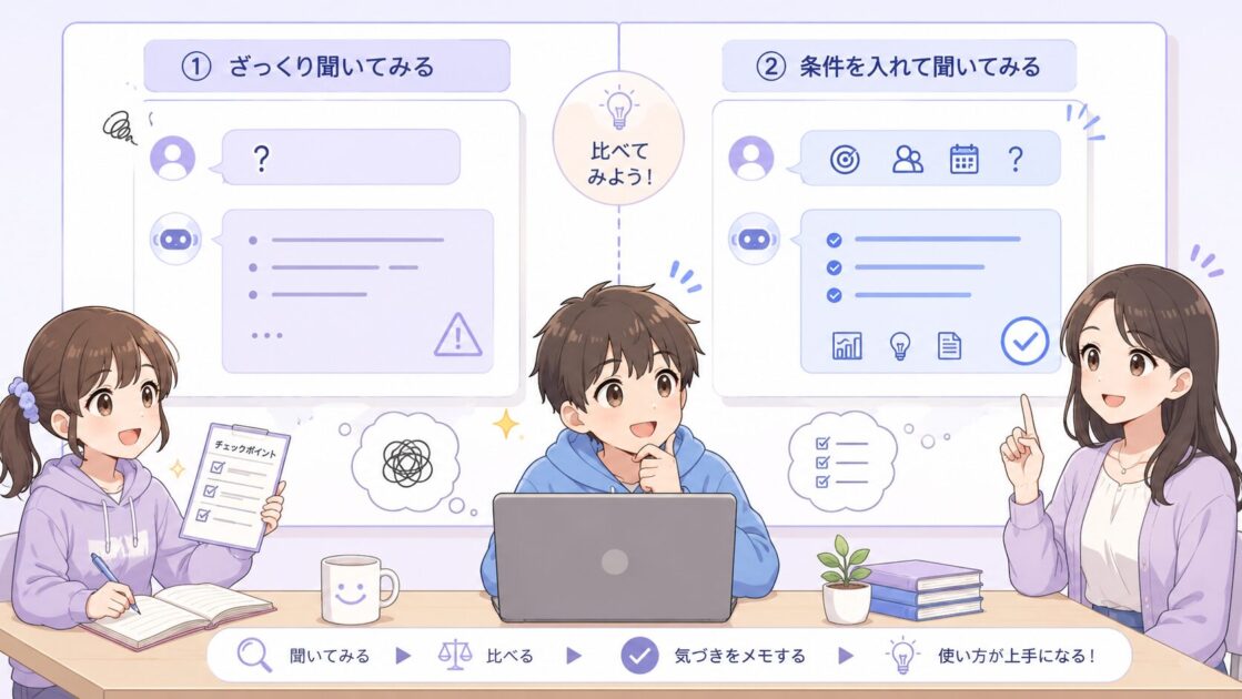 同じテーマをざっくり聞いた場合と条件を入れて聞いた場合の違いを比べている学習場面の挿絵